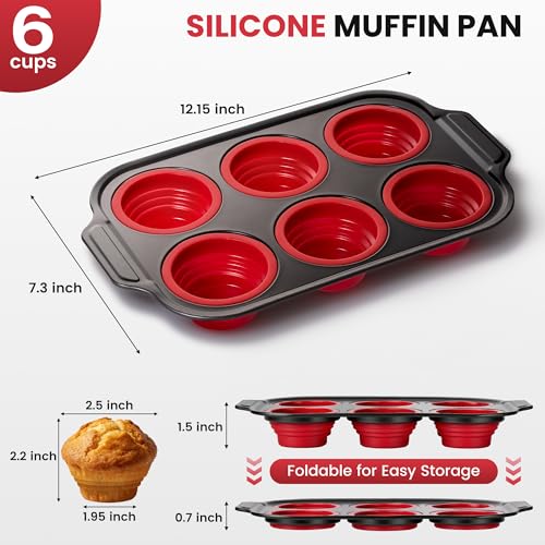 Silicone Muffin Pans for Baking with Metal Frame - 6 Cups Cupcake Pans - color: 6-Cups Red