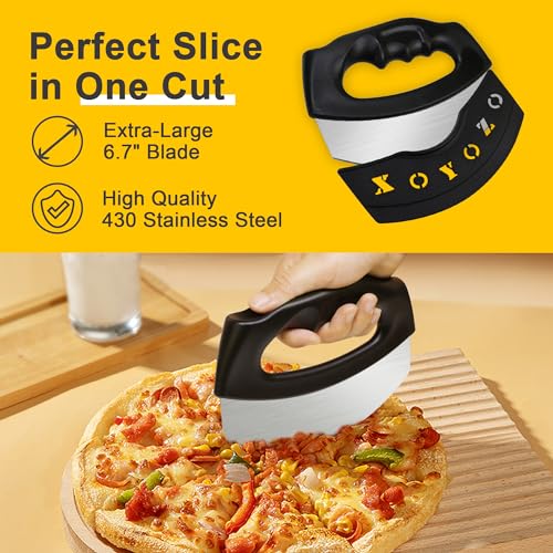 Pizza Cutter Salad Chopper Large Stainless Steel Blade with Cover, Dough Rocker Mezzaluna Knife for Kitchen Gadgets