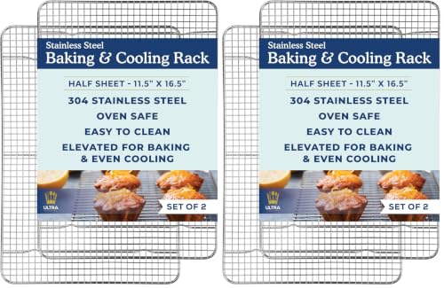 Ultra Cuisine Oven-Safe, Dishwasher-Safe 100% Stainless Steel Cooling and Baking Rack Set Heavy Duty Tight-Wire - 11.5 x 16.5-inch - Set of 2 - Half Sheet Pan Cooling Racks (Pack of 2) - size: 11.5" x 16.5" 4-Pack