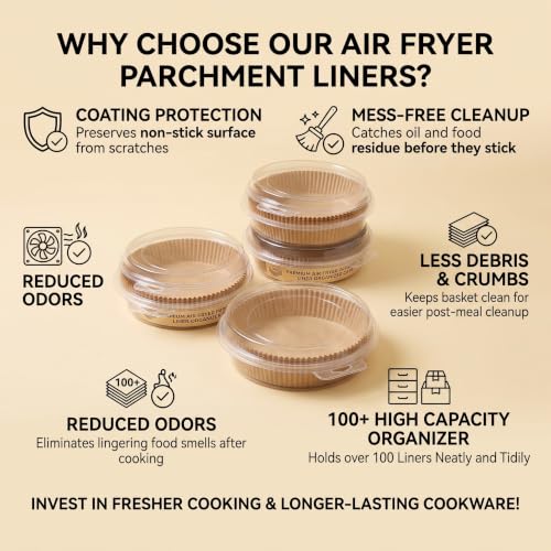 Air Fryer Liners Disposable Round. 50pcs Virgin Pulp Parchment Paper for 4qt-6qt Air Fryer. Food Grade,Non-stick, Oil-proof & Heat Resistant for Baking,Microwave,Cooking & Deep Fryer Accessories