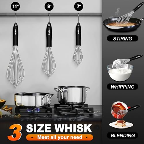 Stainless Steel Wire Whisk Set - 3 Packs Balloon Whisk, Thick Wire Whisk ＆ Strong Handles, Egg Frother for Cooking, Blending, Whisking, Beating and Stirring (7"+9"+11") - size: 7+9+11 in Silver