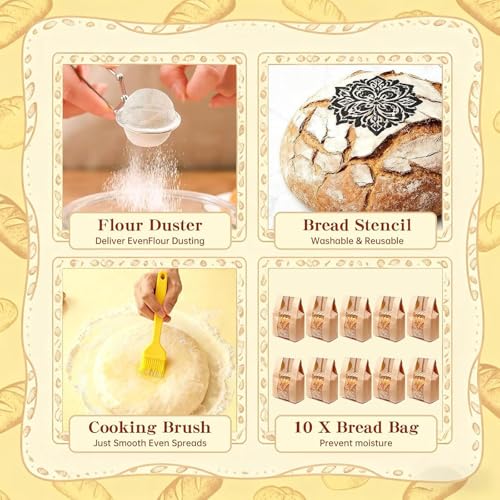 Beginner Sourdough Starter Kit - 9" Round & 10" Oval Banneton Proofing Baskets with Glass Starter Jar, Bread Sling, Dough Scrapers, Cooling Rack - Complete Homemade Baking Gift Set