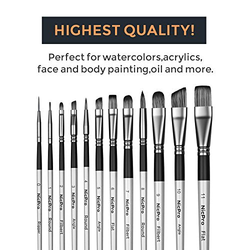 Nicpro 12pcs Artist Paint Brush Set, Paint Brushes for Acrylic Painting - color: Silver