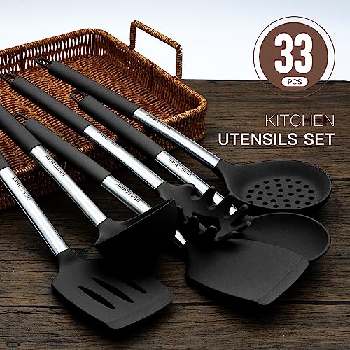 Kitchen Utensils Set-Silicone Cooking Utensils-32 pcs Non-Stick Silicone Cooking Kitchen Utensils Spatula Set with Holder-Best Kitchen Cookware with Stainless Steel Handle (Black) - color: Black