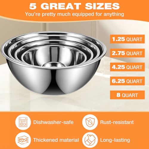 Domensi Stainless Steel Mixing Bowls Set - 5 Polished Mirror Nesting Bowls - color: Deep, size: 1.25, 2.75, 4.25, 6.25, 8 Quart