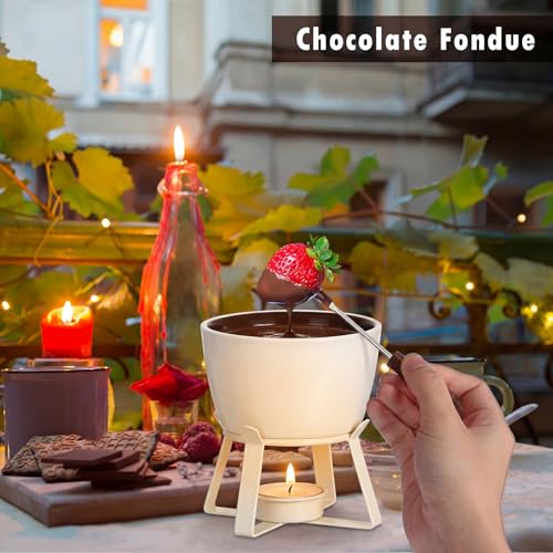 BSTKEY 320ML Ceramic Butter Warmer Set with 2 Dipping Forks, Fondue Pot Melting Pot Set, Melt Hot Pot Bowl Set for Cheese Chocolate Butter Caramel (White) - color: White