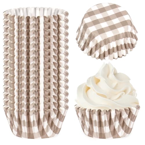 Whaline 300 Pcs Brown Plaid Cupcake Liner Khaki Plaid Paper Baking Cups Gingham Checkered Muffin Liner Cake Storage Container for Fall Baby Bridal Shower Wedding Birthday Party Supplies - color: Brown