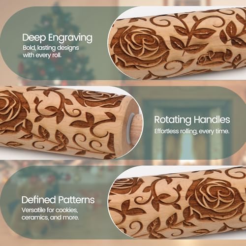 Floral Rose Embossed Rolling Pin for Baking Cookies Embossing Rolling Pins with Design Wooden Engraved Springerle Shortbread Roller Pin Flower Patterned Clay Pottery Ceramic Stamp Mold Bakers Women - color: Floral Rose