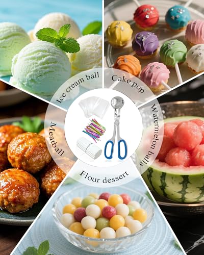 Cake Pop Mold Set, Including 100 Plastic 6-inch Sticks, 100 Treat Bags, 100Pcs Color Ties, Meat Baller for Cake Pops, Scooper Ball Maker for Lollipop, Candies, Chocolates and Cookies (Blue) - color: Blue