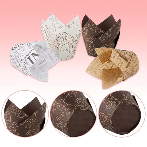 200 Pcs Newspaper Tulip Cupcake Liners for Baking, Newspaper and Stripe - color: Mix Color 2
