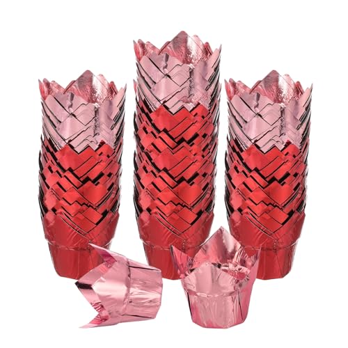 uxcell 100 Pcs Tulip Cupcake Liners, Muffins Liners Aluminum Foil Cupcake Wrappers Baking Cups Muffins Liners for Wedding Birthday Party Supplies, Red/Rose Gold - color: Red/Rose Gold