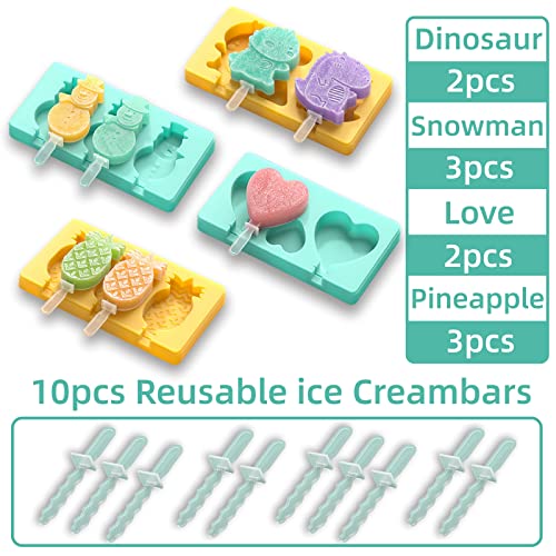 Kids Cartoon Popsicle Molds - 4 Pack, 10-Cavity Food-Grade Silicone Ice Pop Cream Molds, with Reusable Sticks, Non-Stick Flat Design, Easy Release, Stackable for Space Saving - color: Dinosaur + Love + Snowman + Pineapple
