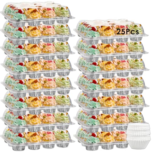 (12 Pack x 25 Sets) Stackable Cupcake Carrier with 300 Pack Cupcake Liners, Plastic Cupcake Boxes Holders for 12 Cupcakes, Cupcake Containers, Clear Disposable Cupcake Trays