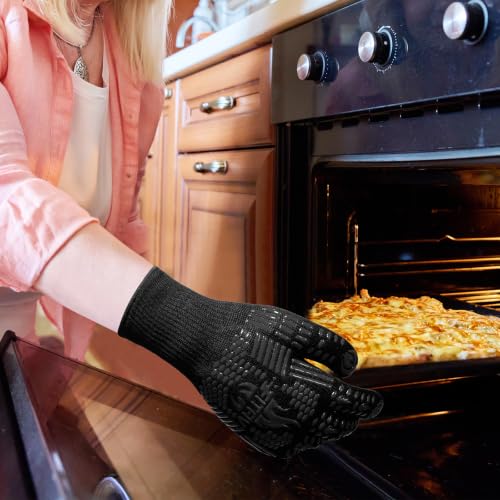 BBQ Gloves, 1472°F Heat Resistant with Silicone Grip Oven Mitts - color: Black, size: Long (Glove L 13.78" × Palm W 6.33")