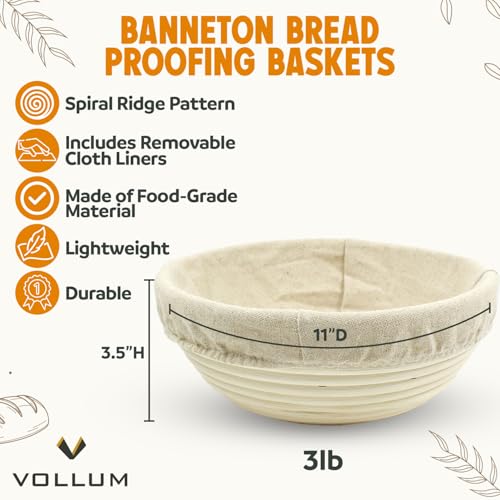 Vollum Banneton Bread Proofing Basket with Liner, Round 11 Inch - size: 11"D x 3.5"H, style: Round