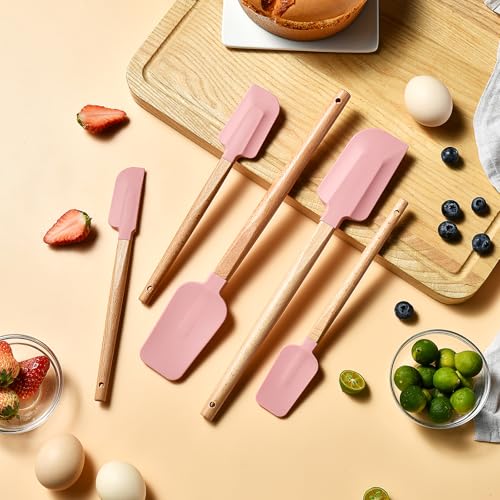 Pink Silicone Spatula Set, Food Grade Rubber Spatula-5 Piece Nonstick Rubber Spatulas, Spoonula, Jar Scraper for Cooking, Baking, Mixing, - color: Pink