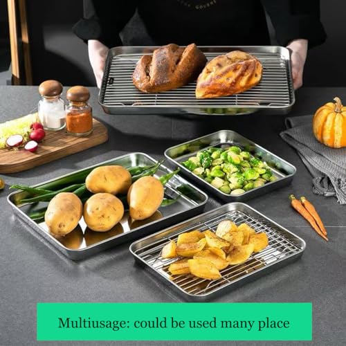 Small Deep Cookie Baking Sheet Pans with Cooling Wire Rest Racks Set 18/8 (304) Stainless Steel Tiny Serving Trays 10.4 x8.1 x1.1Inch Dishwasher Safe for 1~2 Person 2Pans & 2Racks - size: Small 10.4X8.1 Inch