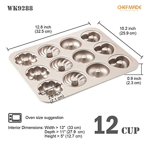 CHEFMADE Donut Mold Cake Pan, 12-Cavity Non-Stick Pattern Doughnut Bakeware for Oven Baking (Champagne Gold) - size: 02 - Fancy 12 Cups