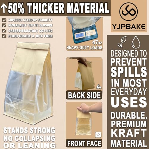 50 Pack Kraft Bakery Bags with Clear Window and Tin Tie - Greaseproof Cookie Bags and Treat Bags for Homemade Bread, Sourdough & Cookie Packaging
