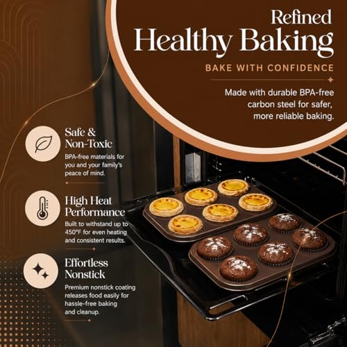 Nonstick Bakeware Set 8 Piece - Stackable Baking Pan Set, Oven safe 450°F, Carbon Steel Baking Set with Muffin, Loaf, Cookie Sheets & Roaster, Easy Storage, BPA-Free (Dark Brown) - color: Dark Brown