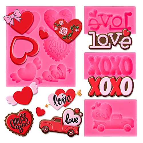 Whaline 4Pcs Valentine's Day Fondant Molds Heart Rose Truck Pattern 3D Silicone Mould Love XOXO Resin Mold Cupcake Cookie Baking Decorating Mould for Wedding Anniversary Mother's Day DIY Candy - style: Valentine's Day