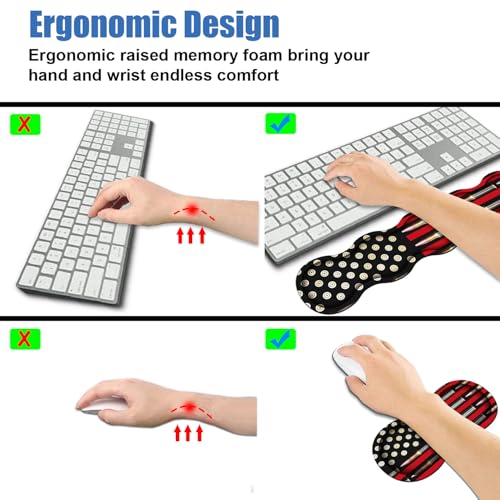 4 in 1 Ergonomic Memory Foam Mouse Pad Wrist Rest Set, Large XXL Gaming Desk Pad + Keyboard Wrist Rest + Mouse Wrist Cushion + Coaster for Home Office Study Gaming, American Flag & Bullets - color: American Flag & Bullets