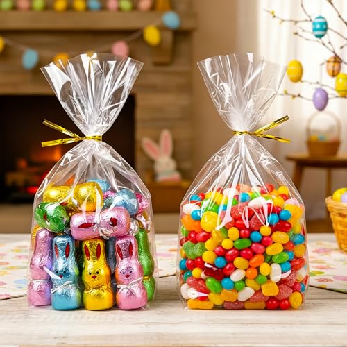 rebucas Cellophane Bags Flat Bottom Cookie Bags Cellophane Treat Bag with Twist Ties for Candy, Cookies, Popcorn, Gift Wrapping, 50 Pack 8x11 Inches, Clear - size: 8x11 inch (Pack of 50)