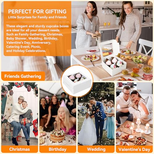 50-Set Cupcake Boxes Bulk with Clear Display Window Hold 4 Standard Cupcakes, Disposable Food Grade White Cupcake Carrier Cupcake Container, Perfect for Cupcakes Muffins Cookies Pastries
