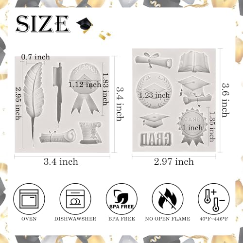 Sakolla 2 Pack 2026 Graduation Candy Chocolate Molds, Doctoral Cap Diploma Scroll Badge Pen Shape Fondant Silicone Molds for Party Cake Decoration（Mini/Grey） - color: Graduation Season Molds/Grey