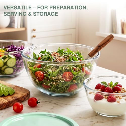 Greentainer Borosilicate Glass Mixing Bowls with BPA-Free Lids Set of 3 (2.9, 1.6, 0.7 QT), Clear Salad Bowl for Kitchen Baking, Cooking, Serving, Meal Prep, Dishwasher, Freezer & Microwave Safe