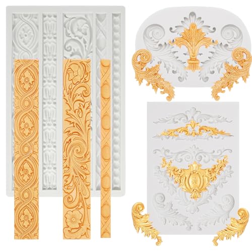 3 Pcs Baroque Style Silicone Molds, Curlicues Scroll Lace Fondant Molds, Relief Flower Mould Filigree Mold 3D Sculpted for Gummy Sugar, Cupcake Topper, Polymer Clay, Crafting Projects - color: Gray-C