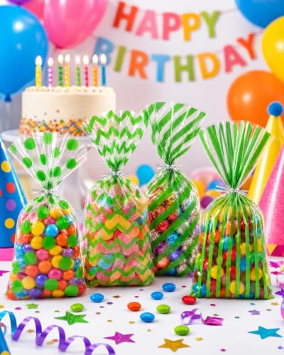 Capesaro 50 Pieces 10.6 x 5.1 In Green Cellophane Treat Bags Candy Gift Bag with Twist Ties Stripes Polka Dot Printed Pattern Goodie Bag for Birthday Weddings Party - color: Green-10.8'' x 5''