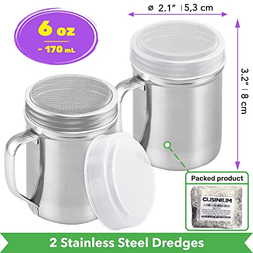 CUSINIUM Powdered Sugar Shaker Duster - With Handle - Cinnamon Shaker For Coffee Bar - Fine Mesh Dredge - 6 ounce, pack of 4 | Style: Fine - size: 6 Ounce (Pack of 2)