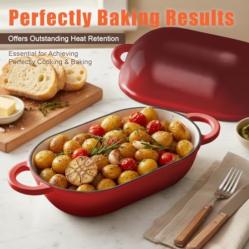 5 QT Enameled Cast Iron Sourdough Bread Oven, Loaf Pan with Lid - color: Red, size: 5 QT