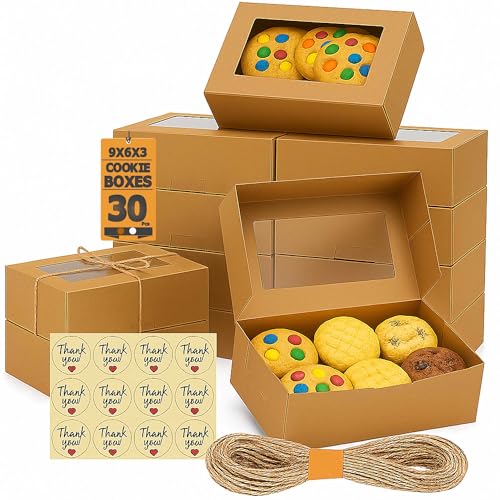 30 Pack 9x6x3in Cookie Boxes with Window, Bakery Boxes for Treats, Desserts - color: Brown