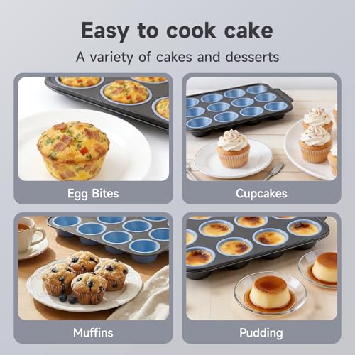 Boyun Silicone Muffin Pan for Baking,No-Spill Easy-Transfer Design,Reinforced Steel Frame, Non-Stick & Dishwasher Safe,12-Cup Regular Size Muffin & Cupcake Pan Bakeware for Oven (Blue 2pcs) - size: 2pcs