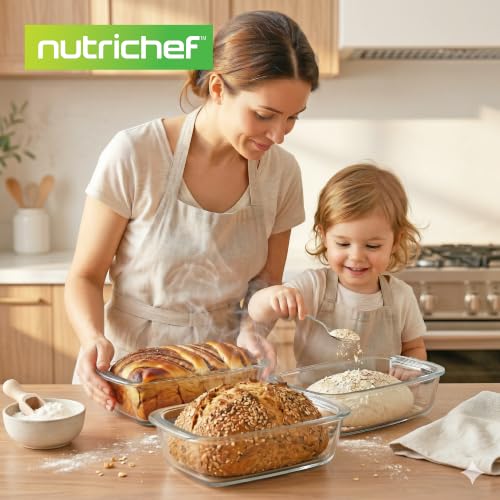 NutriChef 6 Piece Glass Loaf Pans for Baking Bread - 7.6 Cups Stackable Glass Bread Loaf Pan - 3 loaf Pan with 3 Lids - Oven & Microwave Safe, Dishwasher Safe - Clear - size: 3 Piece Set