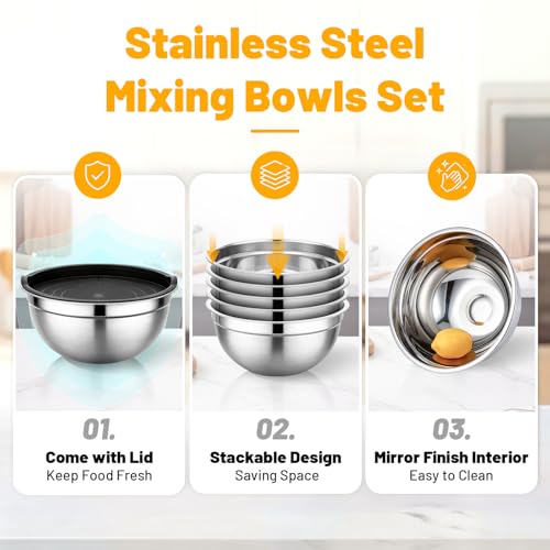 Beasea Mixing Bowls Set of 5, 3.4 QT Unbreakable Stainless Steel Mixing Bowls with Lids for Kitchen, Prepping, Food Serving, Storing, Nesting Metal Baking Bowl with Lid for Bread Dough, Cream, Batter - size: 3.4 QT