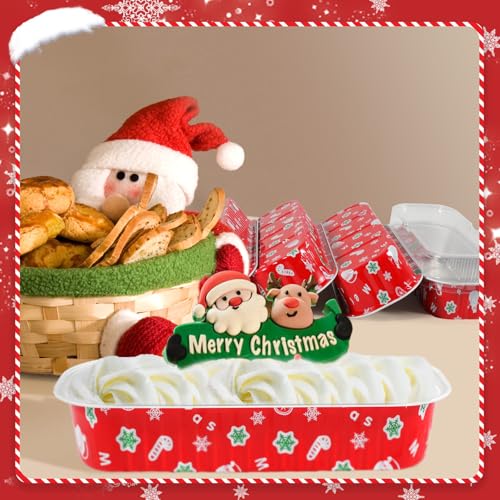 50Pack Christmas Mini Cake Pans Disposable Mini Loaf Pans with Lids and Spoons, 6.8Oz Aluminum Foil Pans Tins, Individual Dessert Cups Containers for Sales,Party,Picnics - color: 50-Christmas-Red