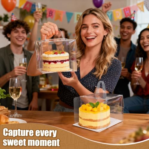 RAINFLOW 6 Packs Clear Cake Boxes with Handle - 6x6x5 Inch Gift Treat Boxes