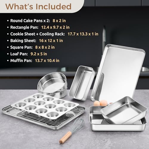 E-far 9-Piece Baking Pan Set, Stainless Steel Bakeware Sets for Sheet Cake Cookie Loaf Muffin, Include Baking Sheet, Round Square Rectangle Baking Pan & Cooling Rack, Dishwasher Safe - size: 9-Piece Set