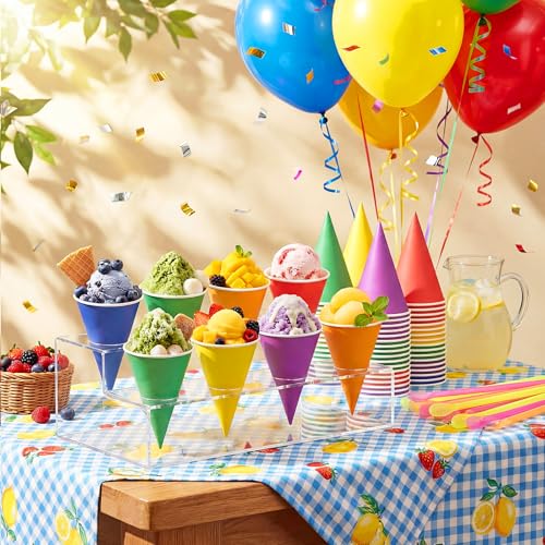 Honeydak 200 Pcs Rainbow Snow Cone Cups with Straws 6 oz Disposable Rainbow Paper Cone Cups, 6 Bright Colors, Slush Shaved Ice Cream Sorbet for Carnivals Party