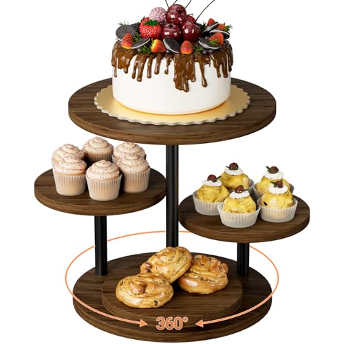 Cupcake Holder for 50 Cupcakes Wood Cake Stand with 4 Tiered Serving Tray 360°Rotating Dessert Stands Round Cookie Trays for Parties Wedding Baby Shower Afternoon Tea Dessert Table, Walnut - color: Walnut