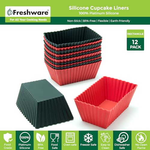 Freshware Cupcake Liners, Pack of 12 Silicone Muffin Cups, 2.8 Inch Baking Cups, Reusable & Non-stick Cupcake Liners for Party Halloween Christmas, Rectangular - color: Red & Black Rectangle [12-Pack]