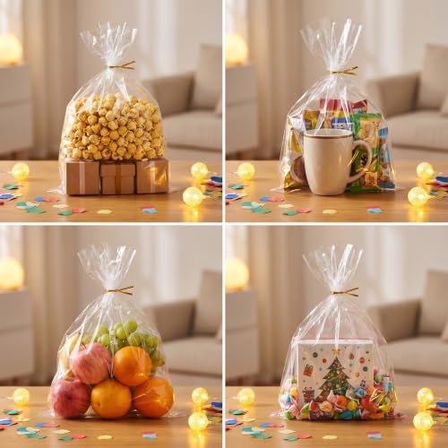 EIHPDEI 250Pcs Clear Gift Bags 12"x16" with 250Pcs Gold Twist Ties