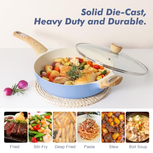 SENSARTE Ceramic Nonstick Frying Pan Skillet with Lid, 13.3 Inch Large Deep Frying Pan, 6 QT Saute Pan, Induction Pan, Healthy Non Toxic Cooking Pan with Helper Handle, PFOA PFAS PTFE Free - color: Blue, size: 6QT / 13.3IN