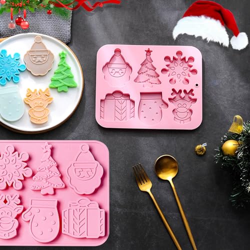 3PCS Christmas Silicone Cookie Molds, Xmas Chocolate Molds Holiday Gummy Candy Butter Mold Wax Melt Mold Christmas Tree Gingerbread Snowman Snowflakes Socks Bells Santa Hat Baking Mold (Xmas-Pink-B) - color: Xmas-Pink-B