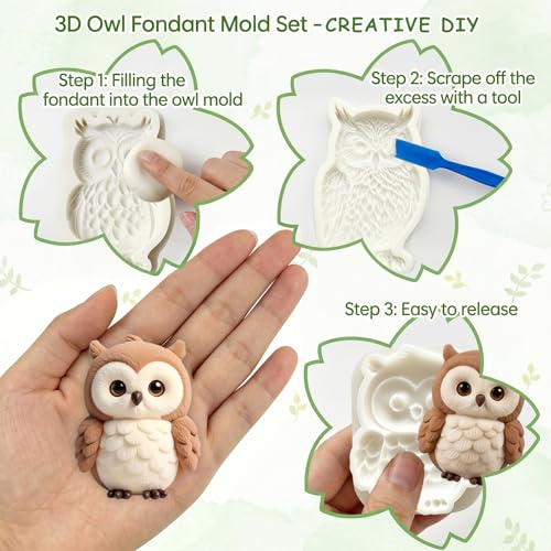 3Pcs 3D Owl Silicone Mold Set, Woodland Bird Fondant Baking Molds - color: Owl silicone mold