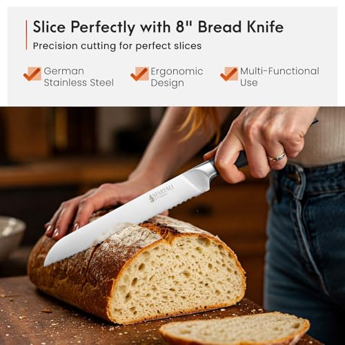 8-Inch Bread Knife – Serrated High Carbon German Stainless Steel Blade for Bread, Bagels & Pastries – Ergonomic Handle, Rust-Resistant, Ultra-Sharp Edge – Ideal for Home Bakers and Chefs.