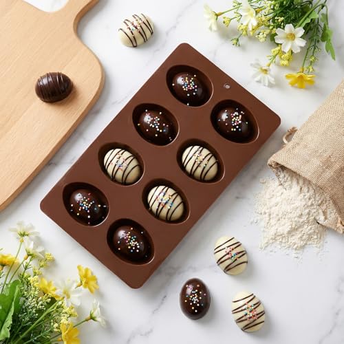 3Pcs 8-Cavity Easter Silicone Egg Molds, Egg Shaped Cake Pop Mold, Baking Supplies for Making Chocolate Jello Candy Dessert Muffin Mousse Pastry (Chocolate) - color: Chocolate